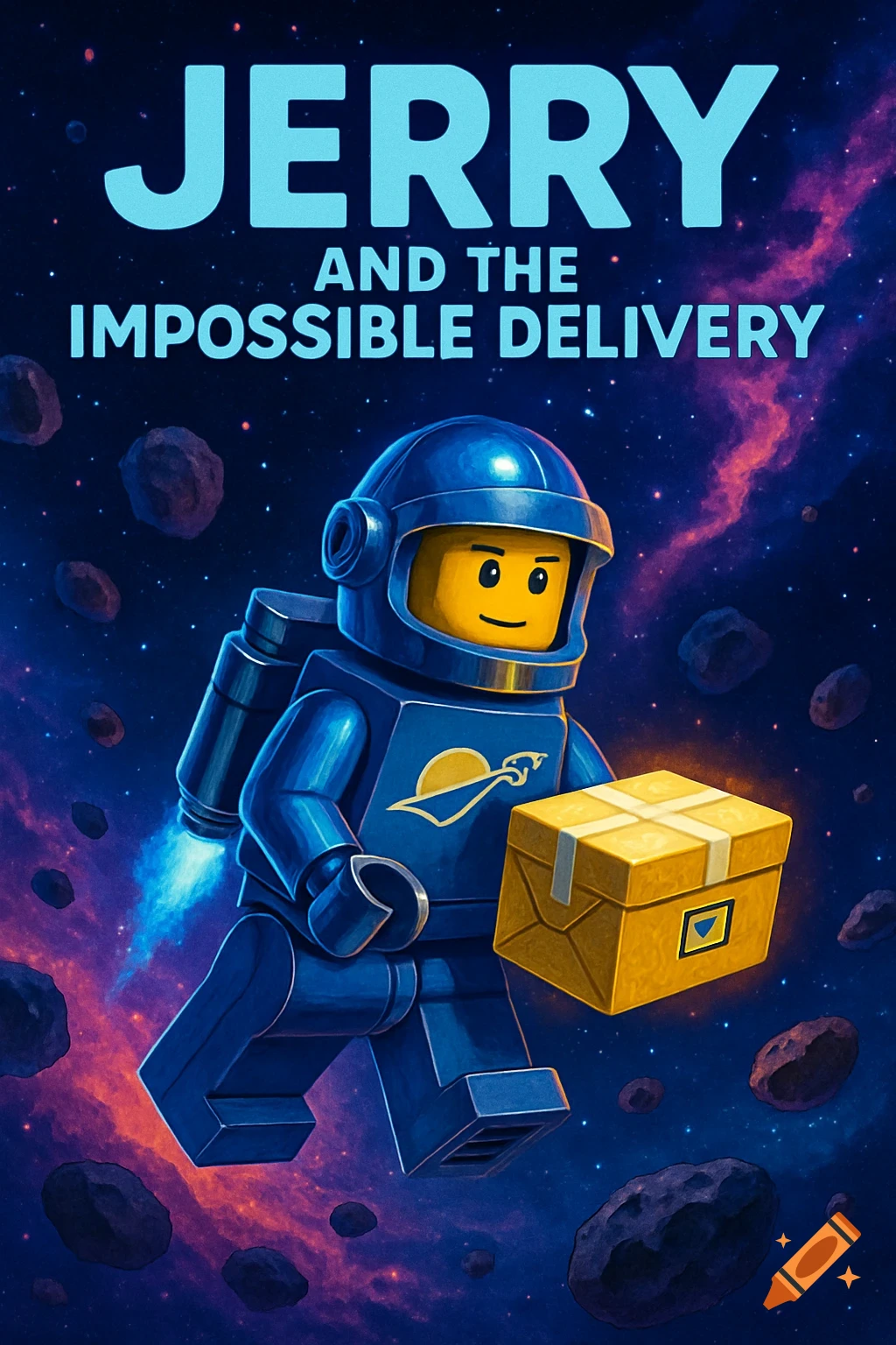 A blue Lego astronaut with a jetpack flies through space, carrying a golden package, with asteroids and a nebula. Title: Jerry and the Impossible Delivery.