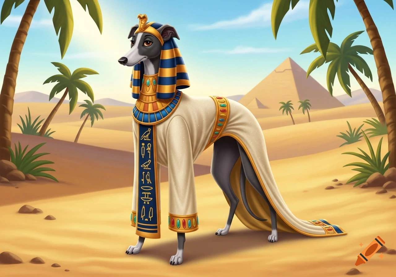 A Disney-style illustration of a gray greyhound dog, with a white stripe on its face, dressed as an ancient Egyptian pharaoh, standing in a desert with palm trees and a pyramid.