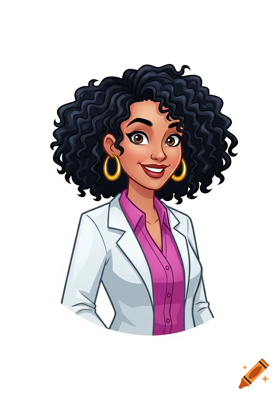 A cartoon illustration of a smiling woman scientist with dark curly hair, brown eyes, golden hoop earrings, and a white lab coat over a pink shirt, on a white background.