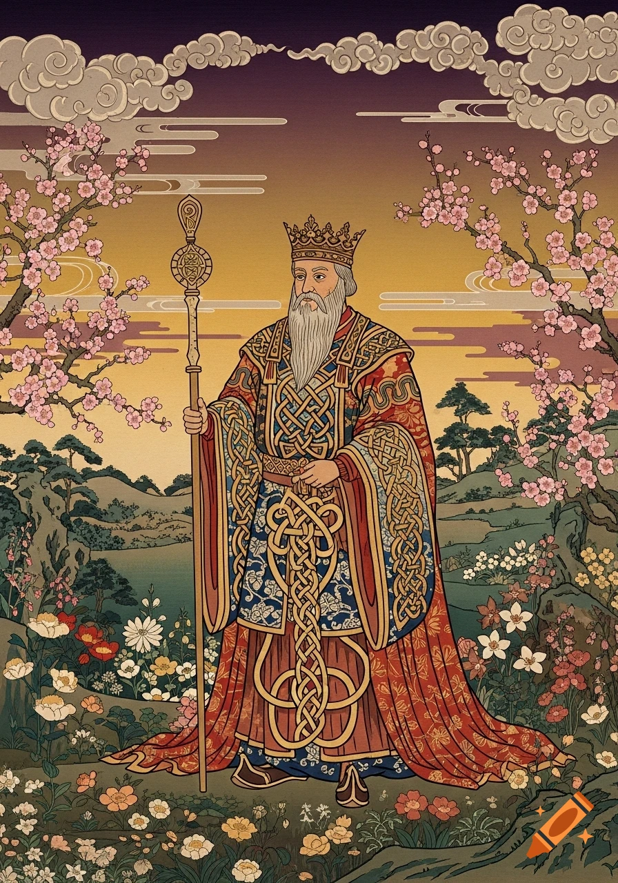 A bearded king in ornate Anglo-Saxon and Japanese fusion robes holds a staff in a vibrant ukiyo-e garden with cherry blossoms.