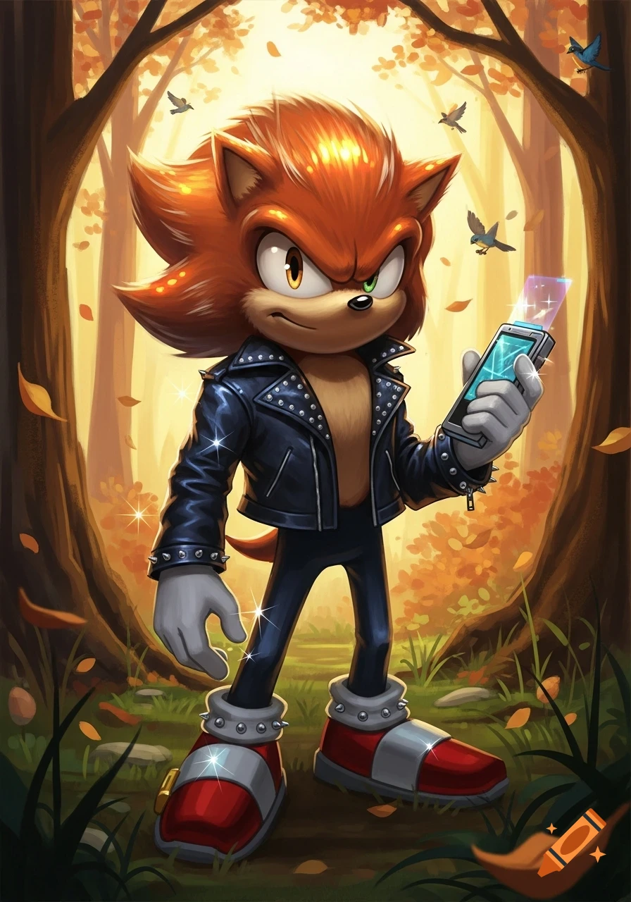 A vibrant, cartoonish hedgehog character in a leather jacket stands in an autumn forest, holding a glowing futuristic phone.