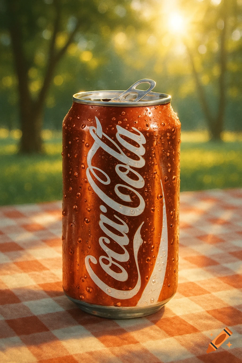 Photorealistic close-up of a sweating Coca-Cola can on a red and white checkered picnic blanket with a sunny park background.