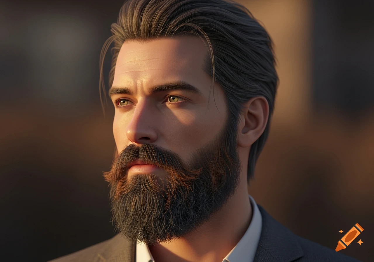 Photorealistic close-up portrait of a man with dark hair and a full beard, looking upwards with a serious expression.