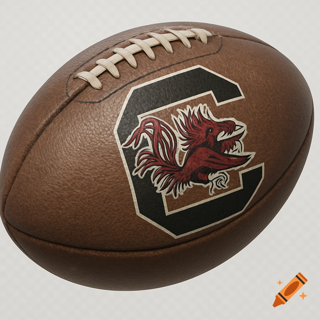 A brown leather American football featuring the University of South Carolina 'C' logo with a red rooster, on a transparent background.