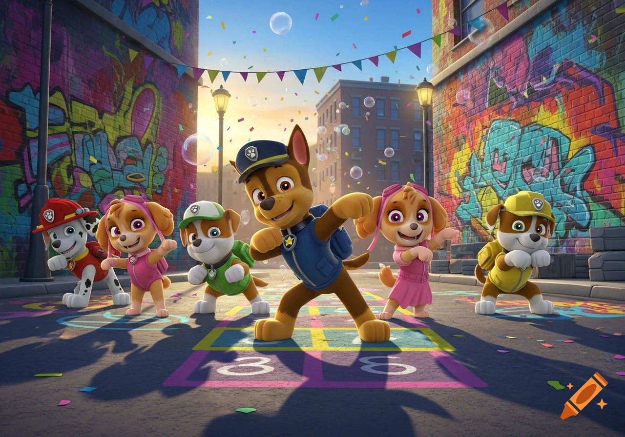 Paw Patrol characters dance on a hopscotch court in a vibrant alley with graffiti, confetti, and bubbles.