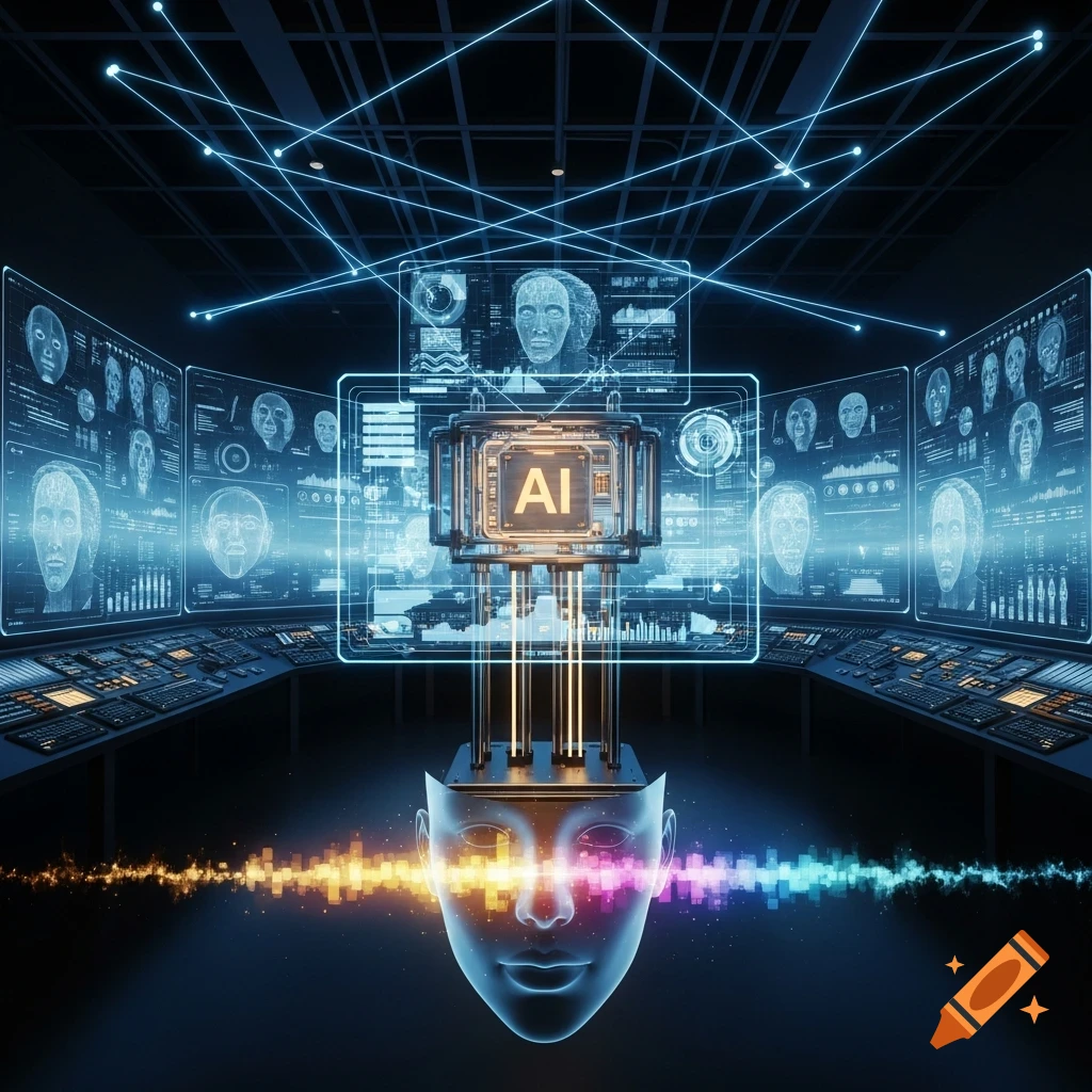 A futuristic AI system with a translucent human head, data streams, and an 'AI' chip in a control room with facial recognition screens.