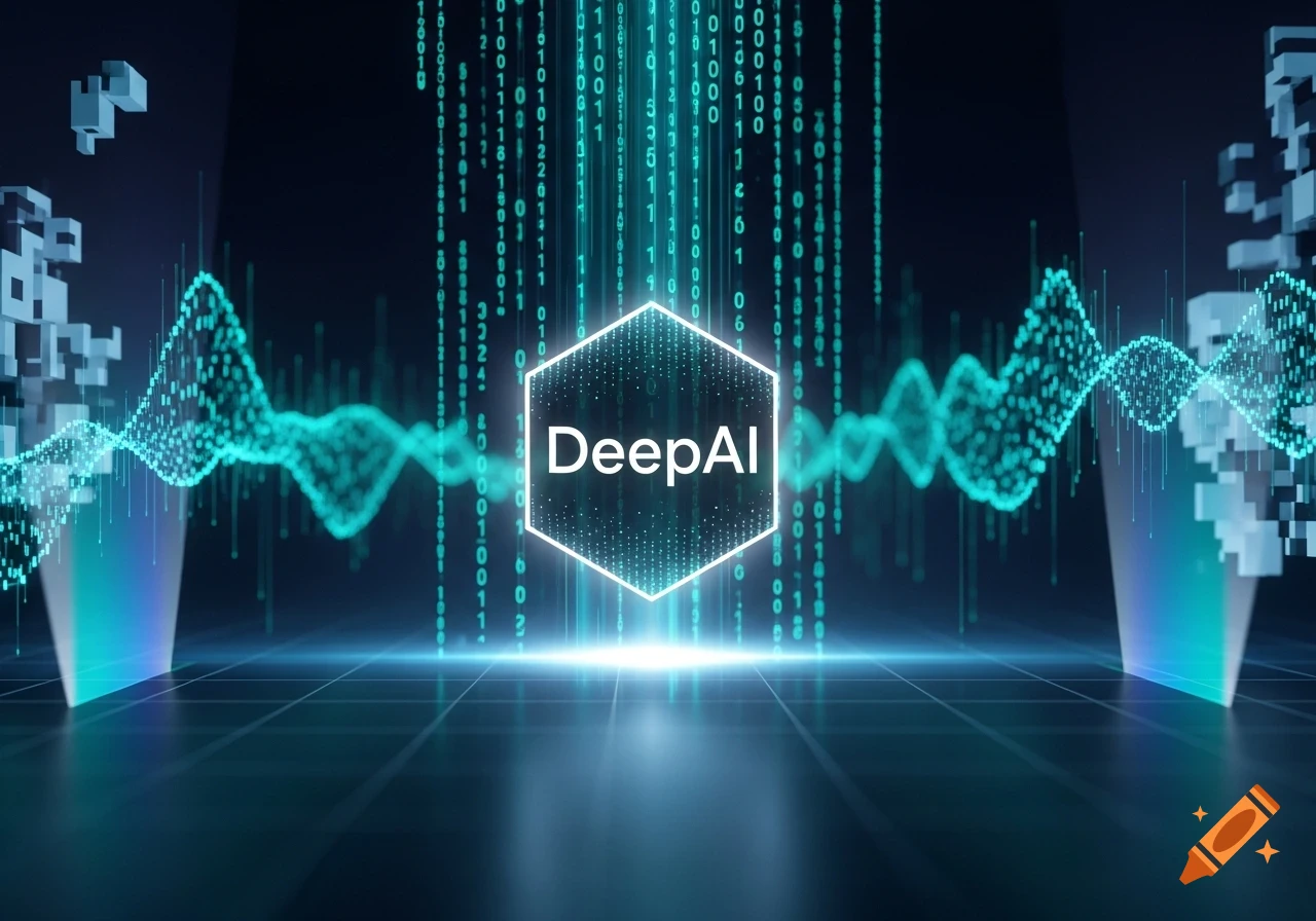 A glowing hexagon with 'DeepAI' text centered in a dark, futuristic digital space with binary code, data waves, and a grid floor.