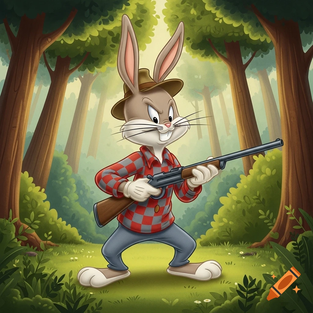 Cartoon Bugs Bunny in a red and grey plaid shirt and hat, holding a shotgun, standing in a forest.