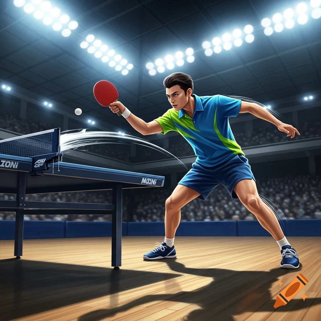 A male ping pong player in a blue and green outfit mid-swing in a brightly lit stadium with a crowd.