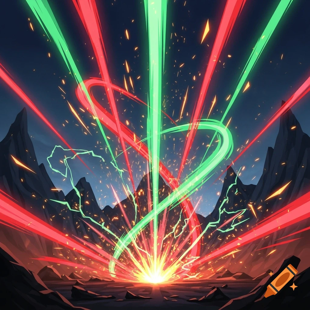 Red and green light beams erupt from a bright explosion on a rocky landscape with mountains under a dark sky, in a Yugioh anime style.