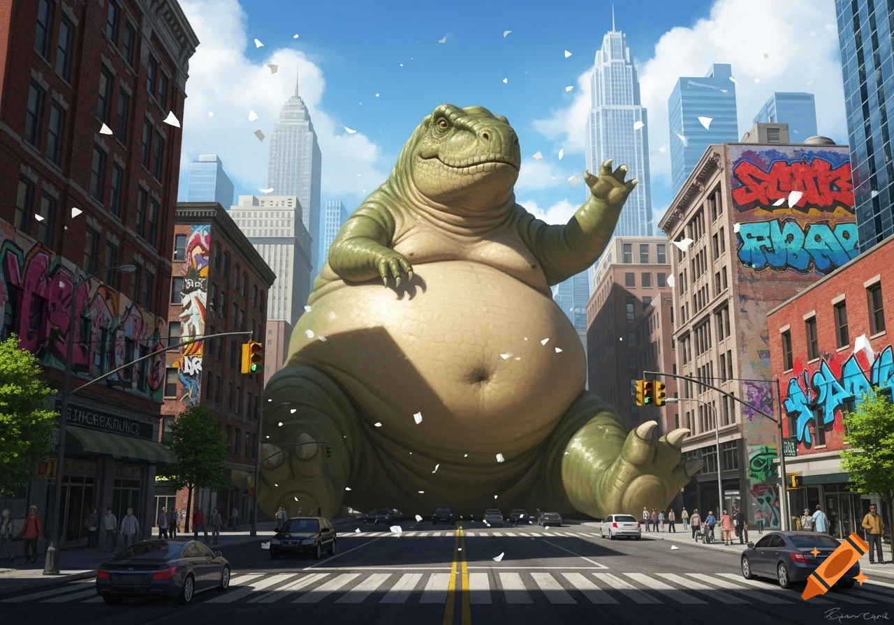 A giant, comically fat green dinosaur sits in a busy city street, towering over buildings and cars, with confetti falling.