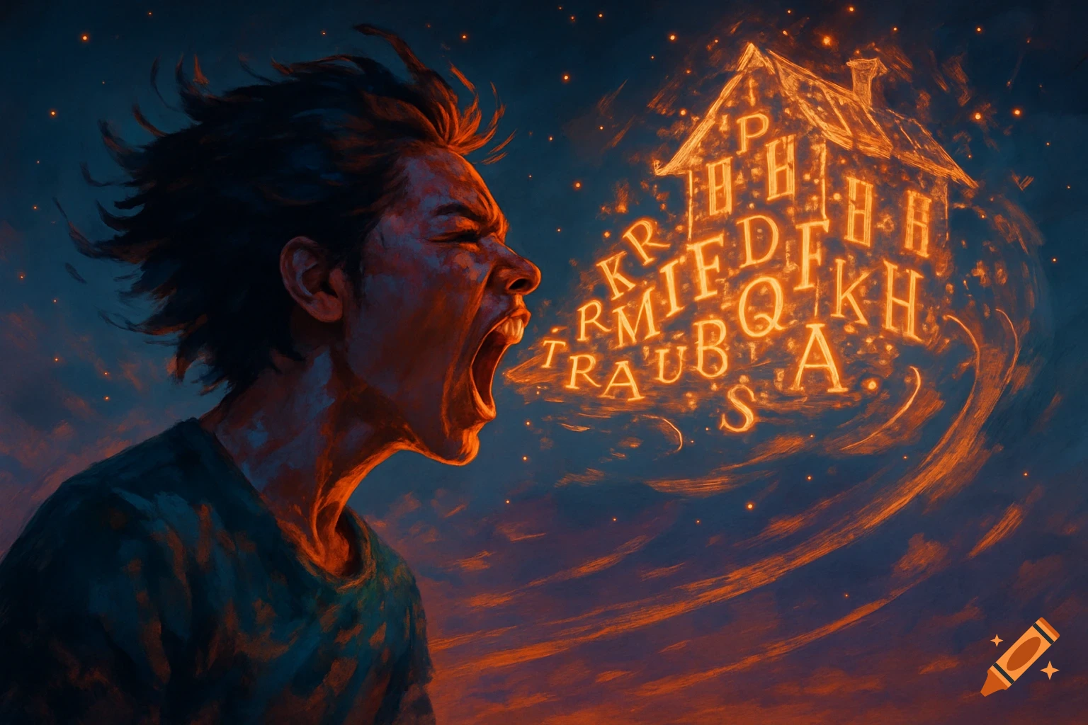 A person with wild hair screams, emitting fiery, fragmented letters that swirl into the shape of a glowing house, set against a dark, cloudy sky.