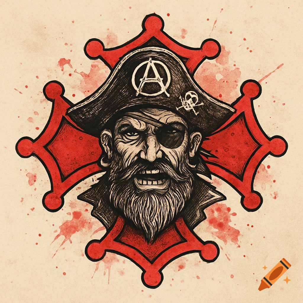 Stylized illustration of an angry pirate with an eyepatch and an anarchy symbol on his hat, set against a red Occitan cross with blood spatters.