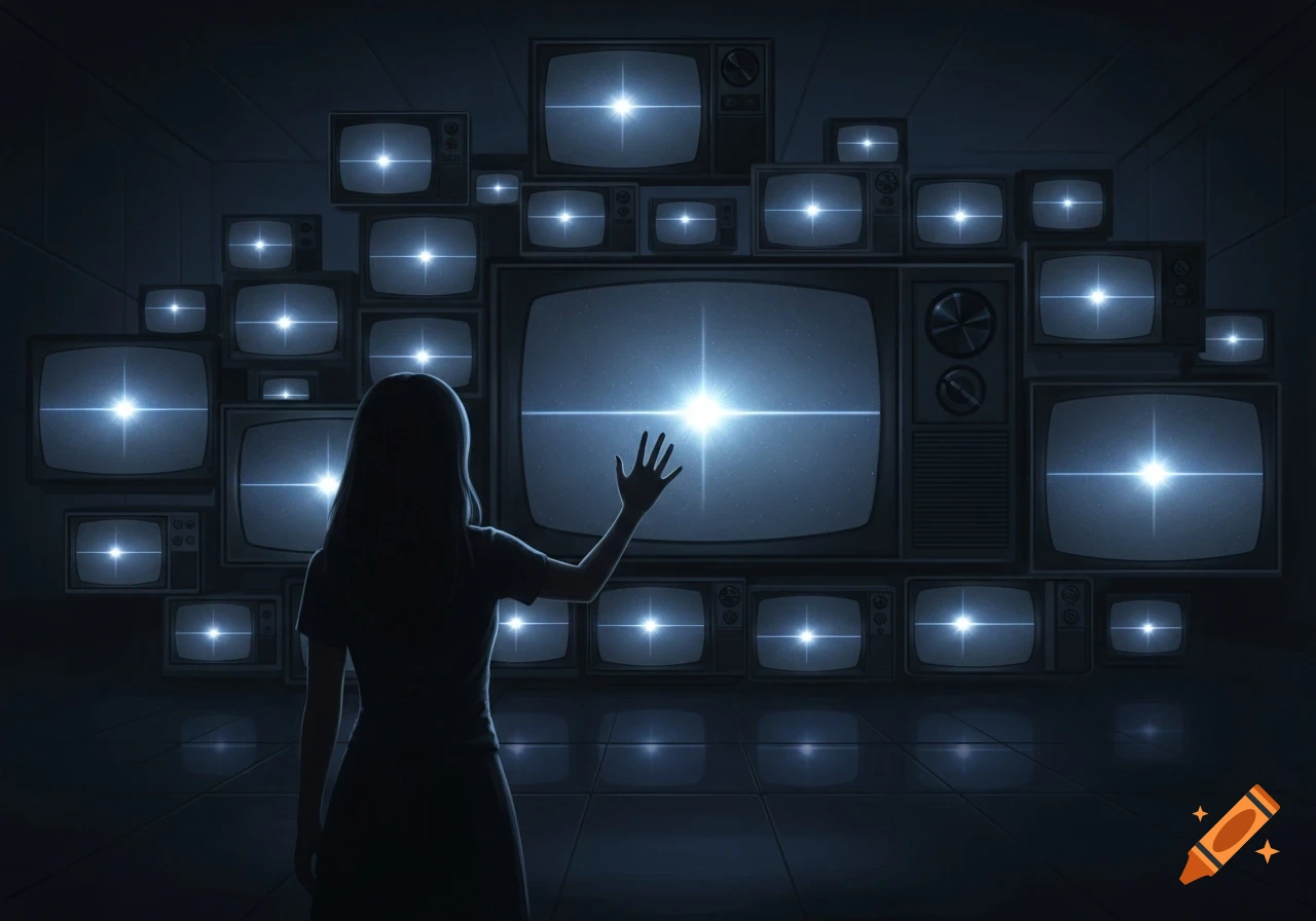 Silhouette of a woman reaching towards a bright star on the central TV in a dark room filled with glowing CRT televisions.