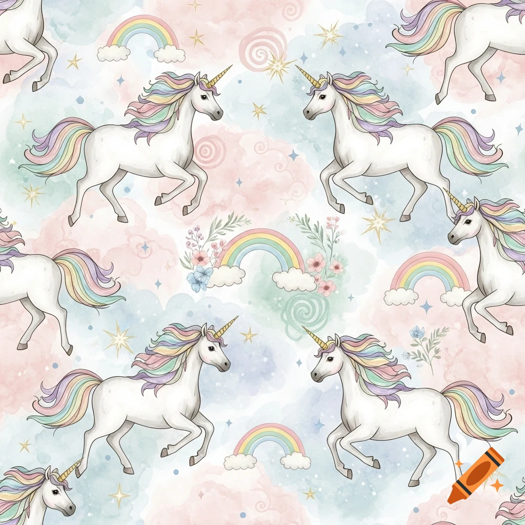 A seamless pattern of white unicorns with rainbow manes and tails, floating amidst pastel clouds, rainbows, and stars in a whimsical watercolor style.