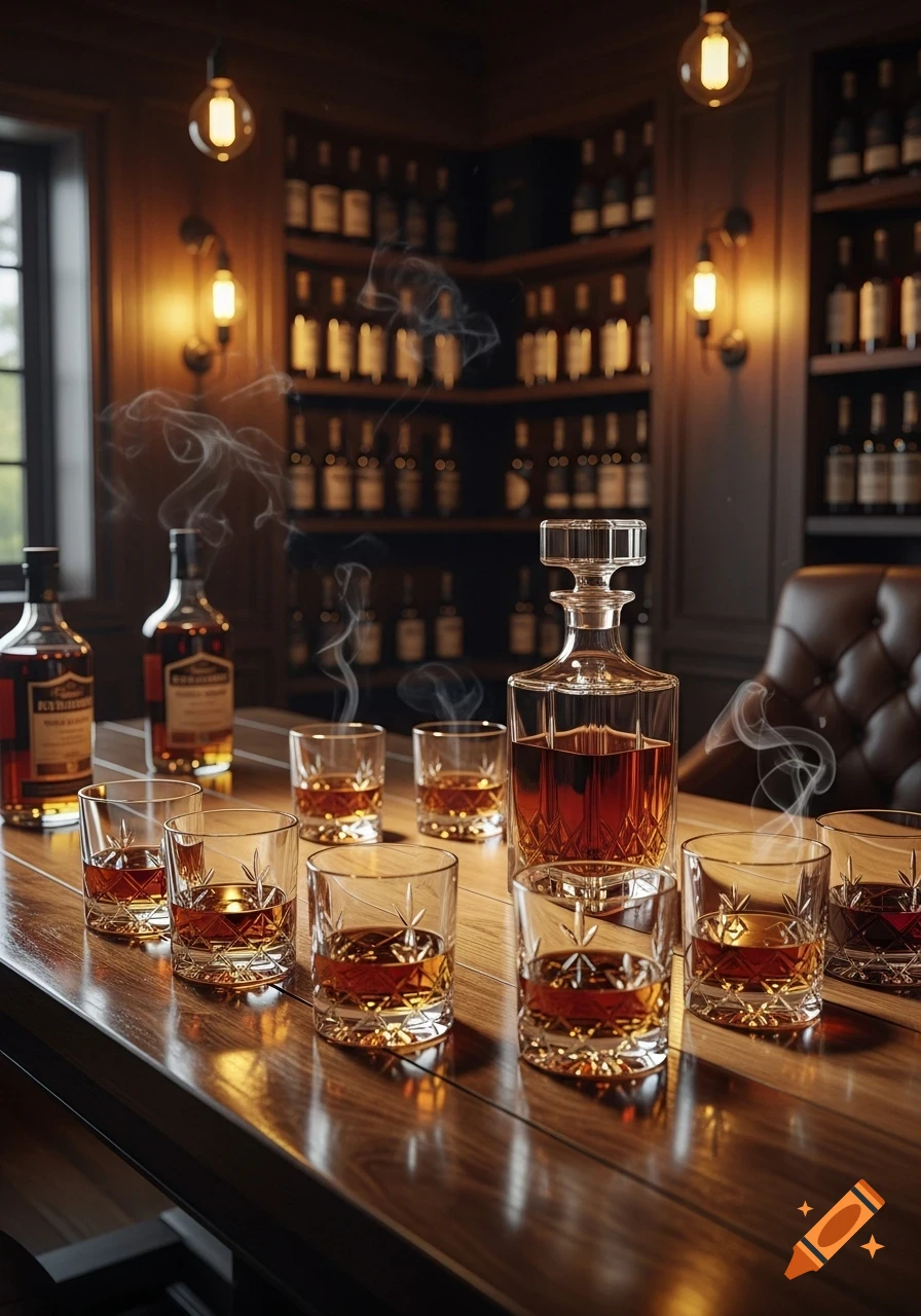 A photorealistic image showing a whiskey tasting setup on a wooden bar, with glasses, bottles, and a decanter, in a dimly lit bar.