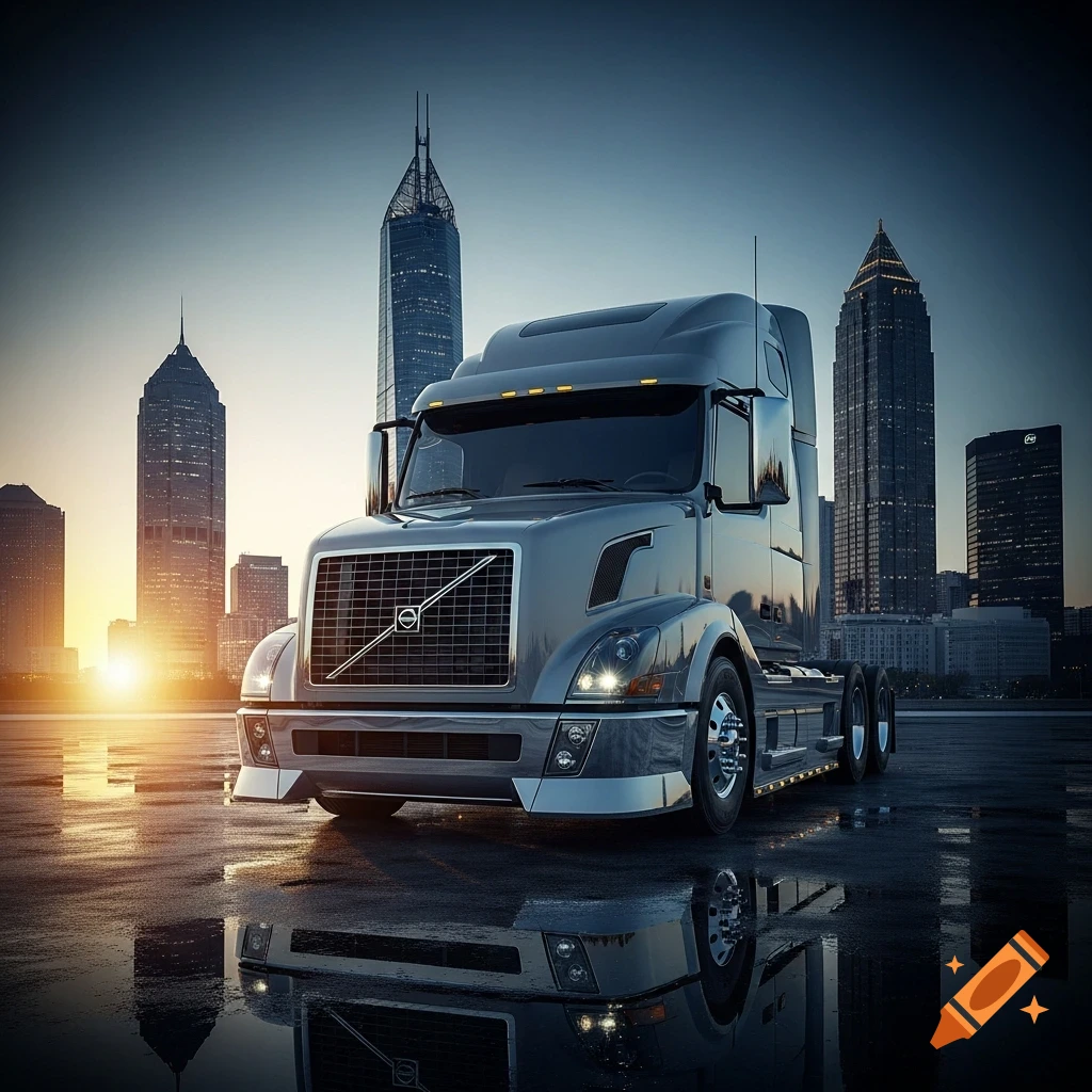 A photorealistic grey Volvo semi-truck parked on a wet surface with a modern city skyline at sunrise in the background.