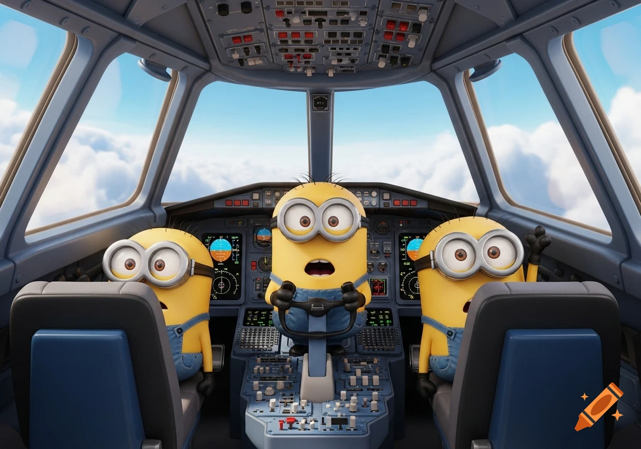 Three cartoon Minions are in an airplane cockpit, one at the controls, flying above white clouds.