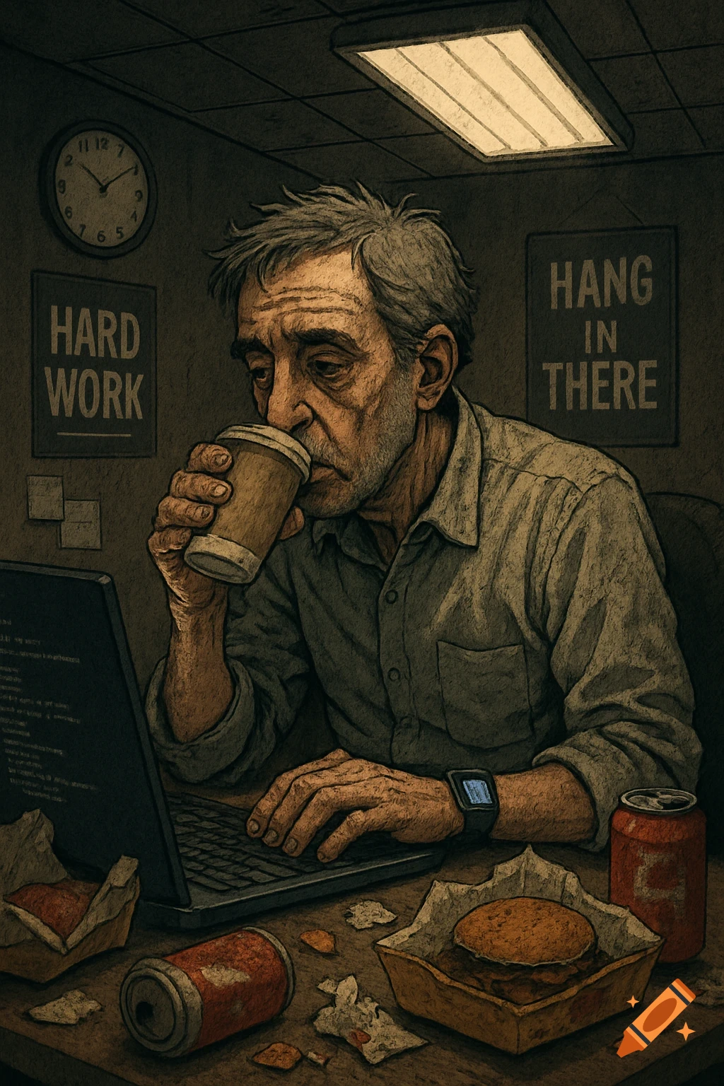 A tired, unkempt man drinks coffee while working on a laptop at a cluttered desk with fast food and soda cans, under dim fluorescent lights. Motivational posters read 'HARD WORK' and 'HANG IN THERE'.
