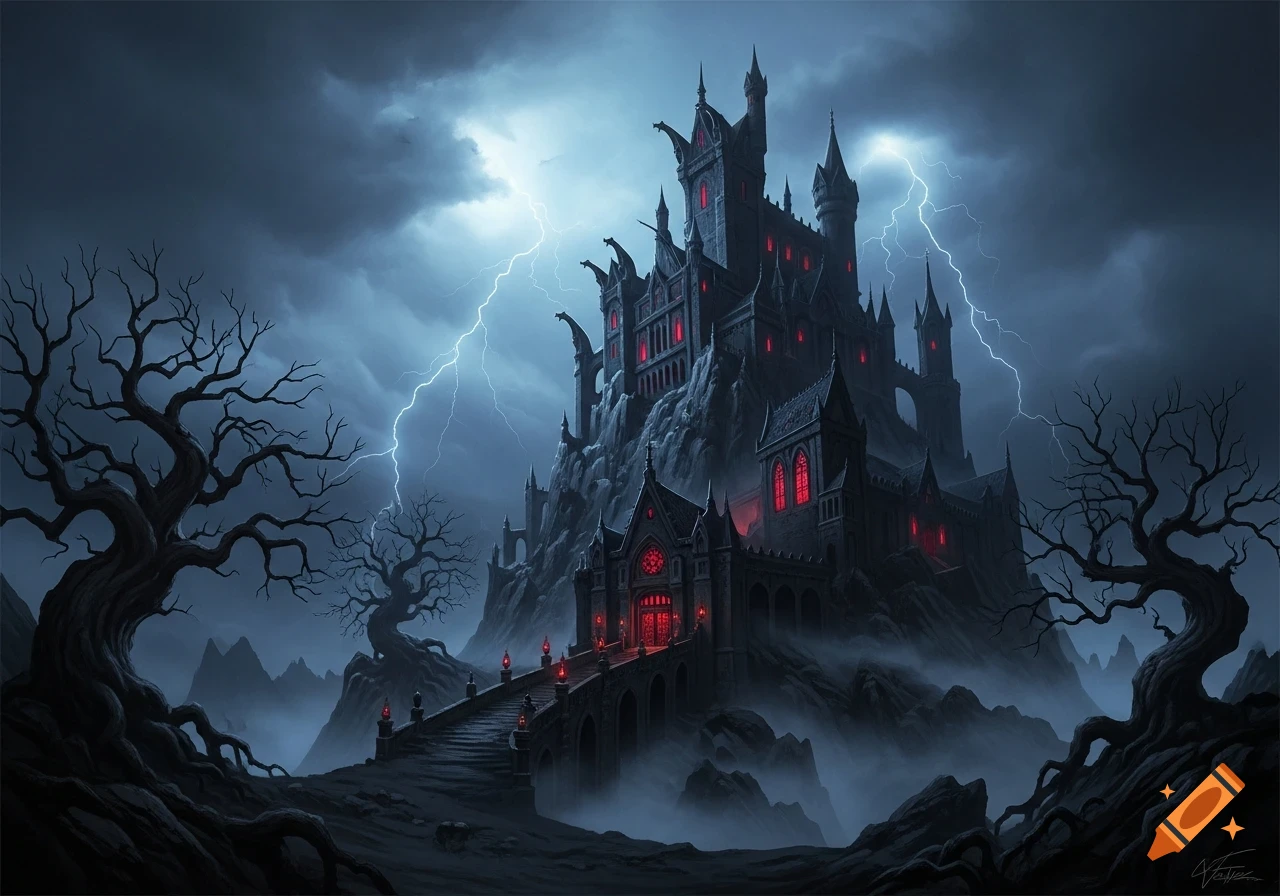 A dark gothic castle with glowing red windows sits atop a rocky peak ...