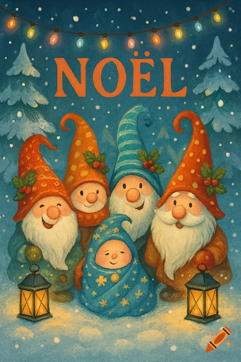 Charming illustration of four happy gnomes and a baby gnome in the snow under Christmas lights, with 'NOËL' text.