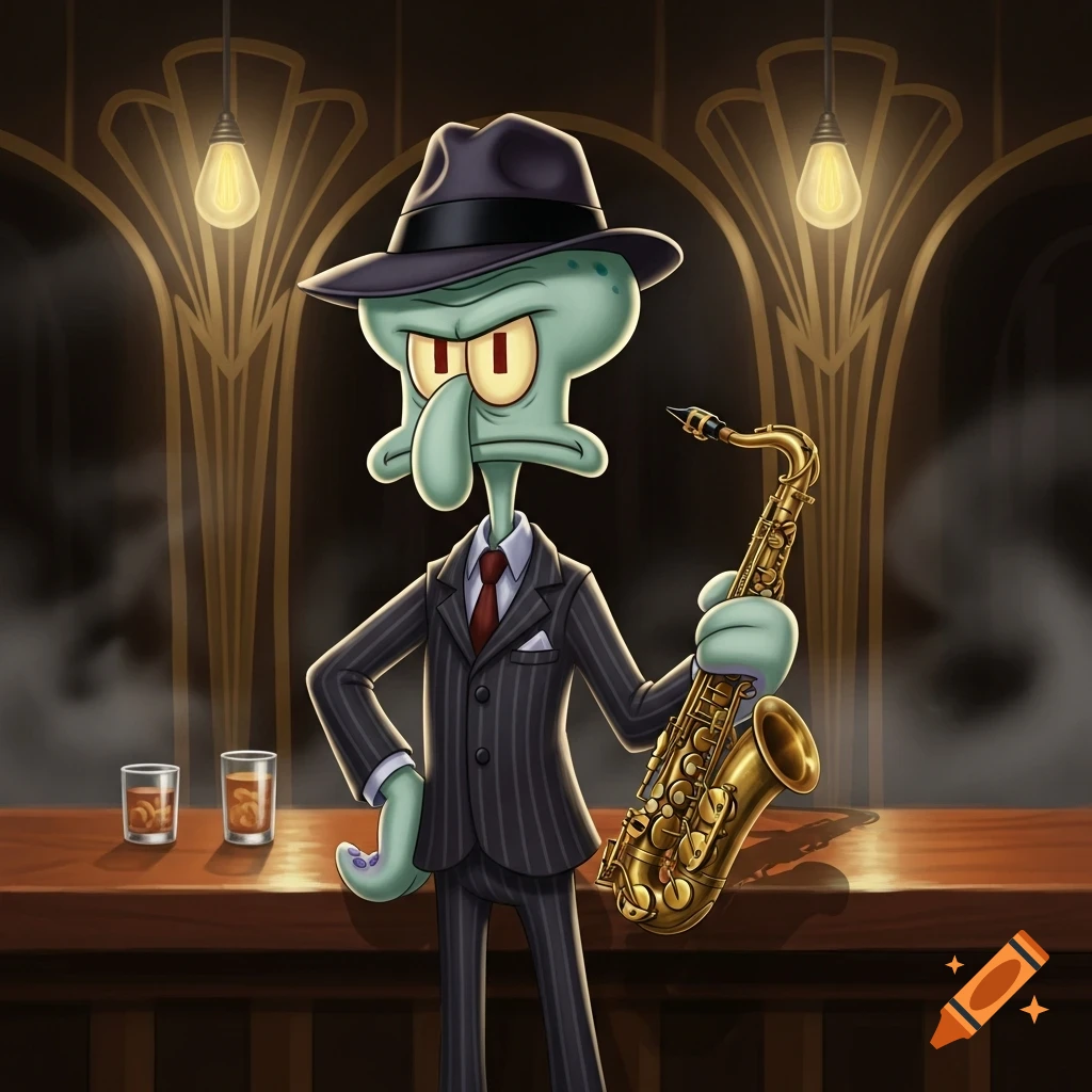 Squidward from Spongebob Squarepants in a pinstripe suit and fedora, holding a saxophone at a dimly lit bar.