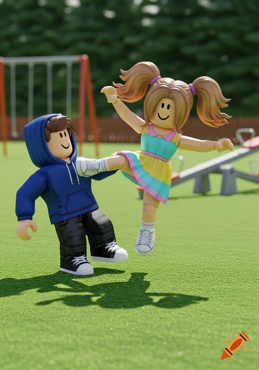 Two Roblox avatars, a girl kicking a boy, in a bright green playground.