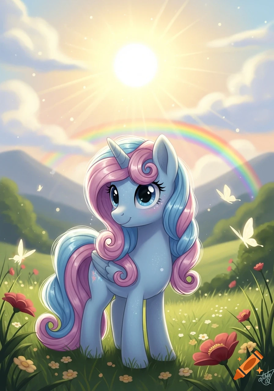 A cute blue unicorn with pink and blue mane and tail, standing in a sunny, flower-filled meadow with a rainbow in cartoon style.