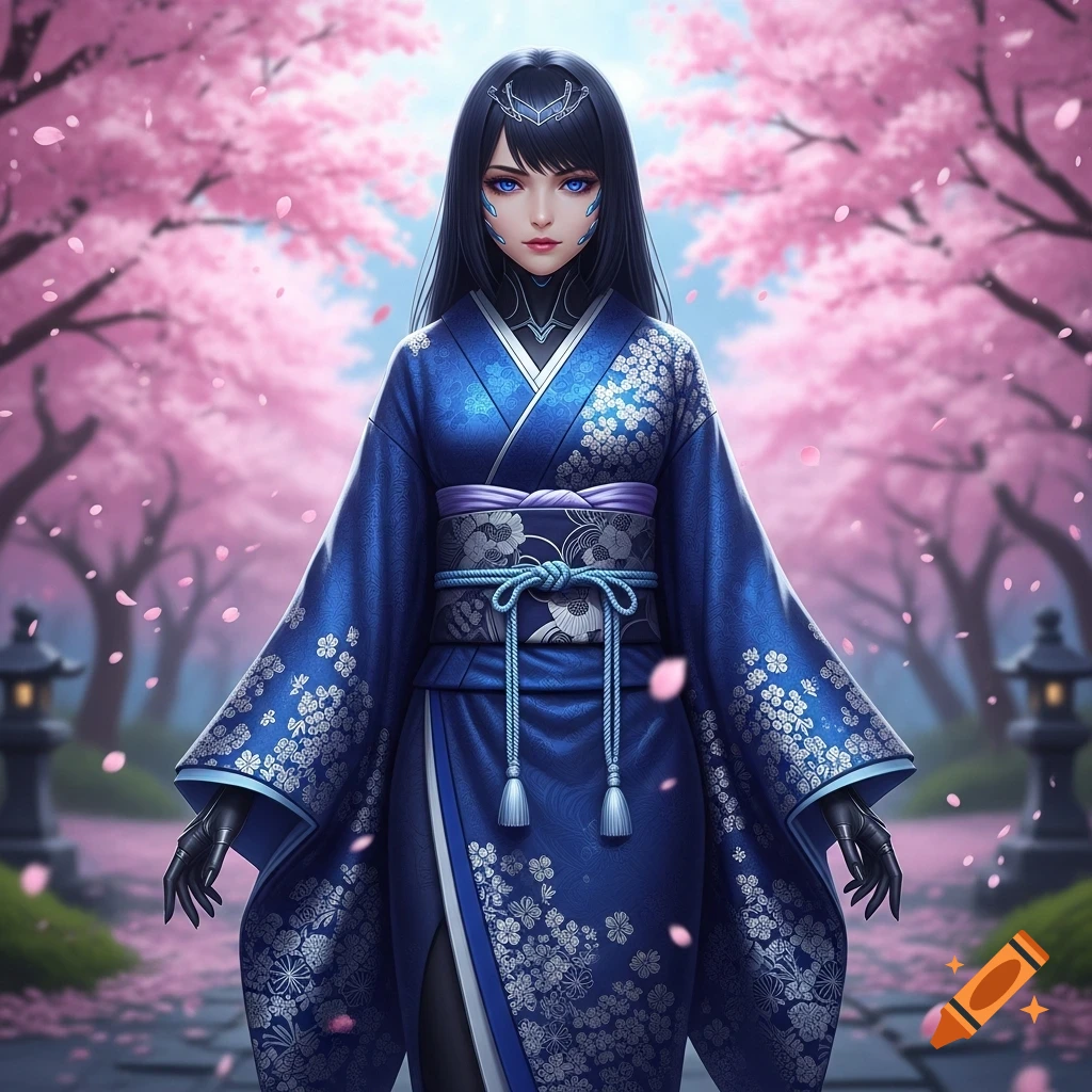 An anime-style woman with dark hair, blue eyes, and cybernetic markings wears a blue floral kimono, standing in a pink cherry blossom garden.