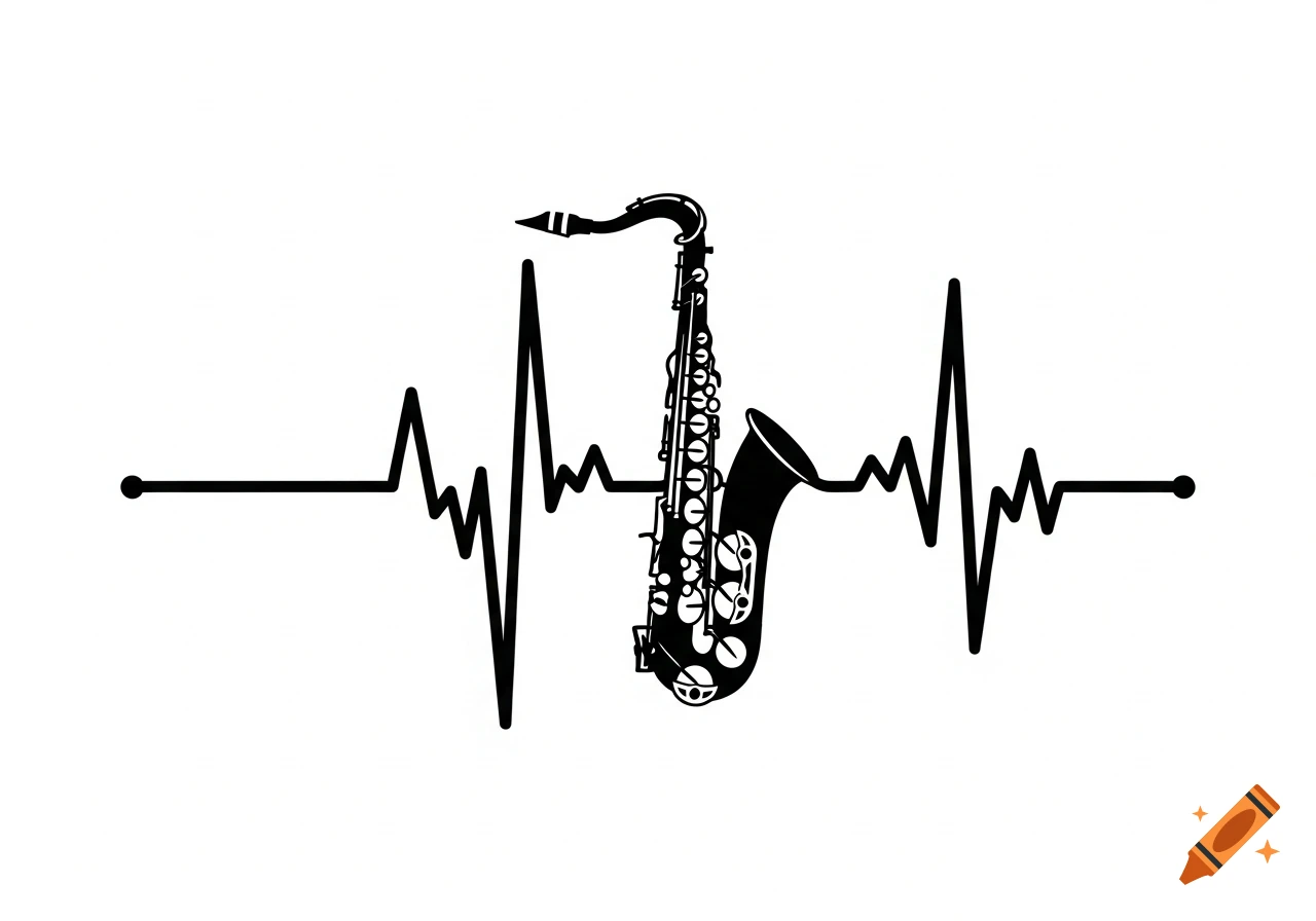 A black silhouette of a saxophone over a black heartbeat line on a white background, in a simple clipart style.