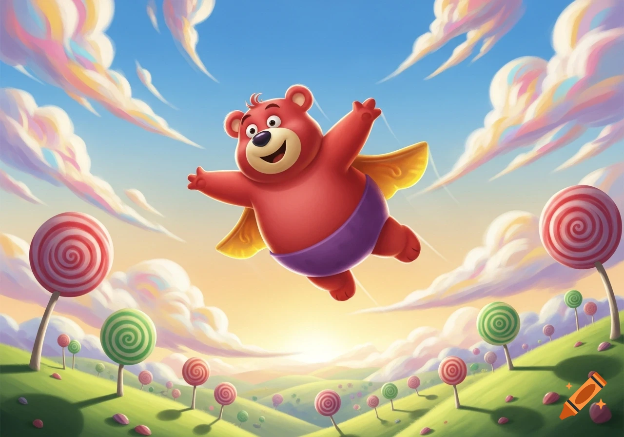 A cheerful red cartoon gummy bear with a yellow cape and purple shorts flies over a whimsical candy land with lollipop trees.