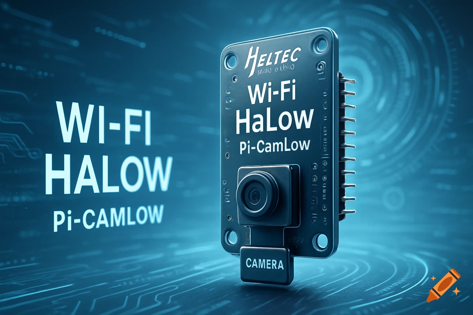 A photorealistic close-up of a blue Heltec Wi-Fi HaLow Pi-CamLow electronic module with a camera, set against a blurred circuit board background.