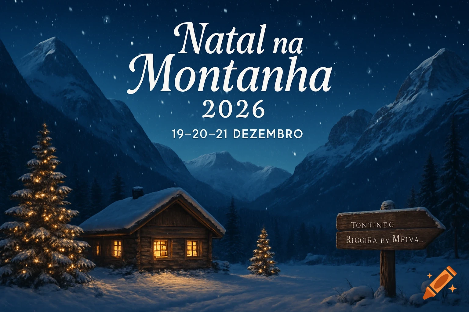 A snowy mountain landscape at night with a cozy wooden cabin, glowing Christmas trees, and falling snow.