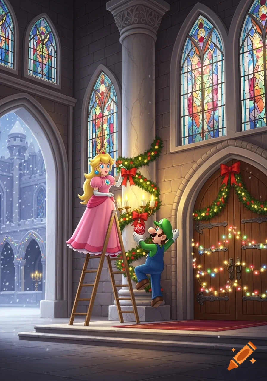 Princess Peach on a ladder and Luigi decorate a grand stone castle interior with Christmas garlands, lights, and ornaments. Snow falls outside.