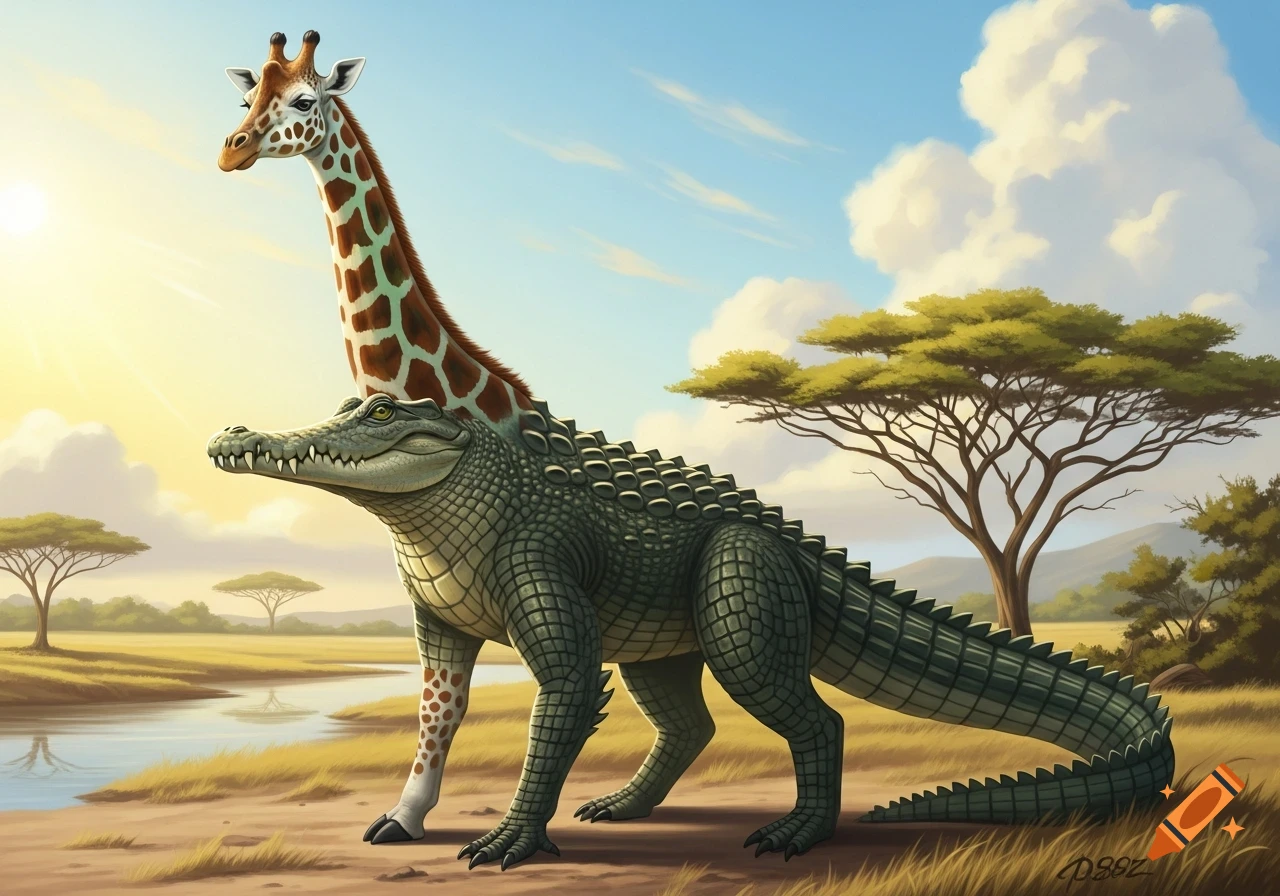 A whimsical hybrid creature with a crocodile body and a giraffe head and neck stands in a sunny savanna landscape.