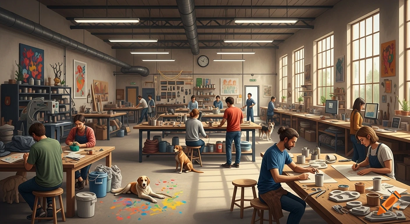 A busy art studio with several people crafting, painting, and working at wooden tables. Dogs relax on the floor amidst colorful paint splatters.