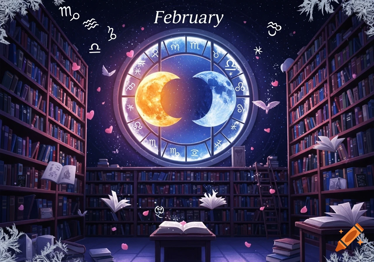 Magical library with tall bookshelves, a large celestial window featuring dual moons and zodiac signs, and floating books in a starry sky.