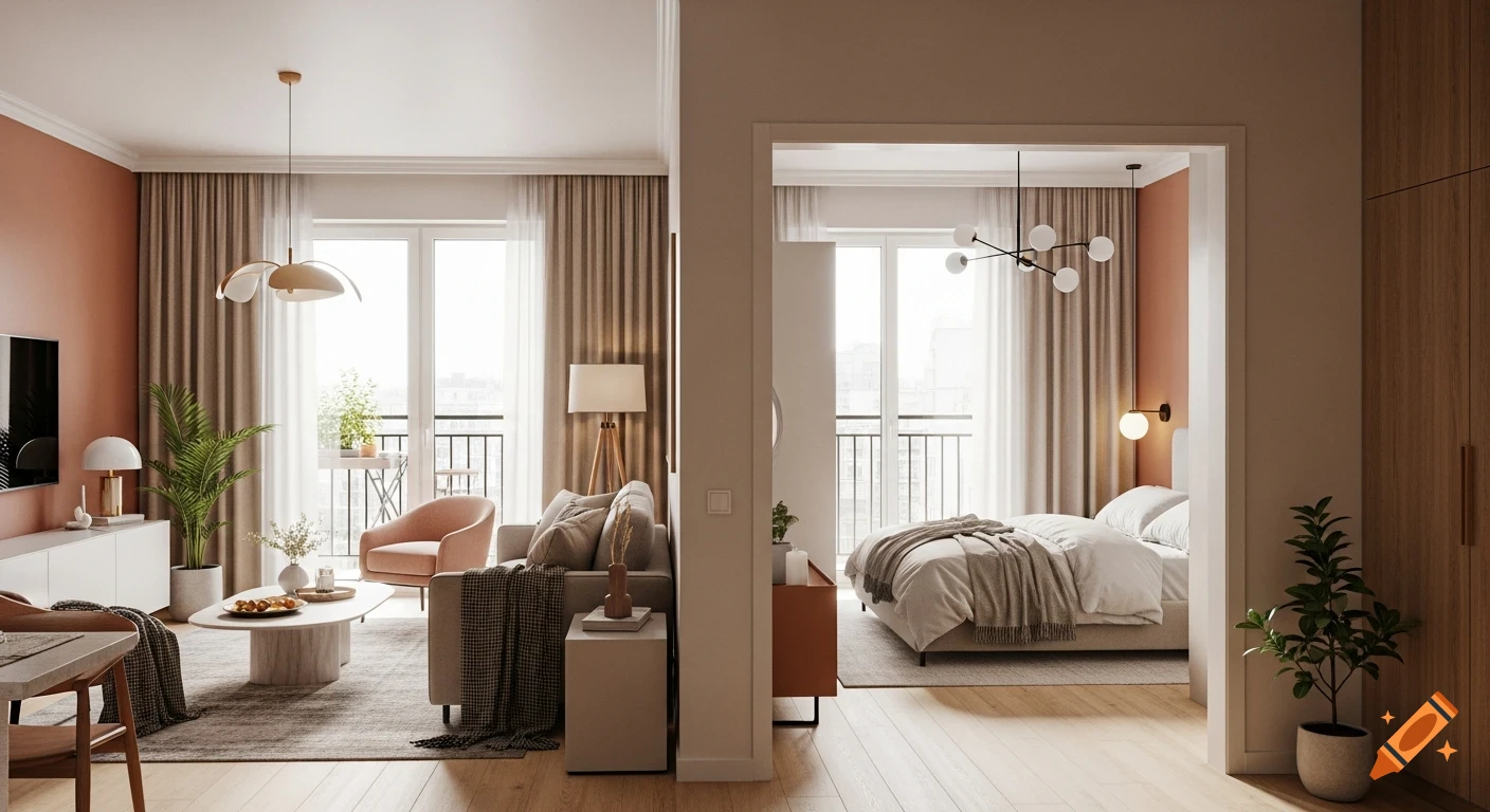 Modern apartment interior with living room and bedroom, bright natural light, warm colors, and minimalist furniture.