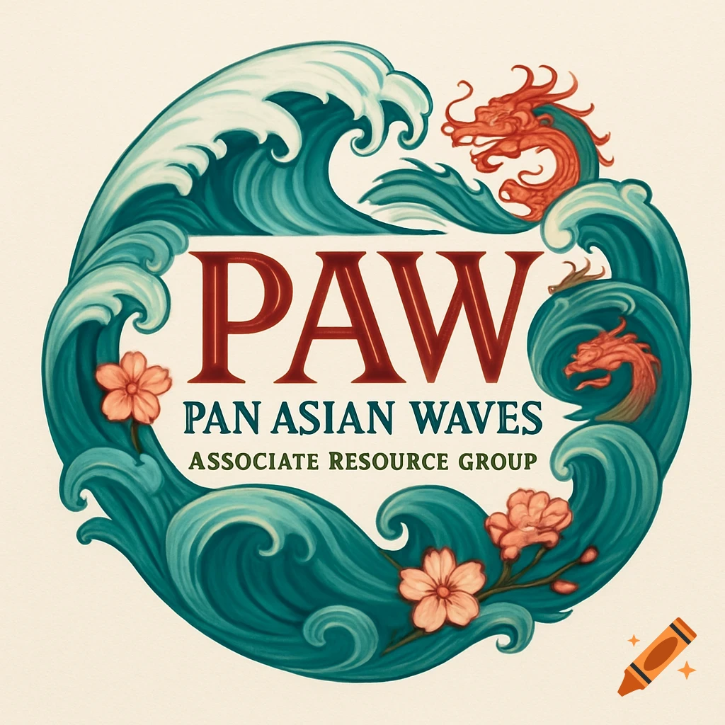 A logo in an Asian art style, depicting teal ocean waves, red dragons, and pink flowers, with the text 'PAW PAN ASIAN WAVES Associate Resource Group'.