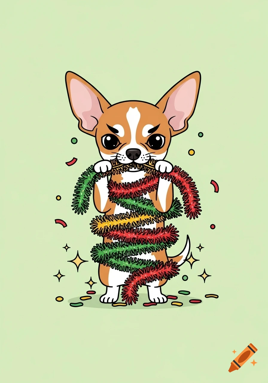A cute, cartoon chihuahua with an 'evil' expression, tangled in red, green, and yellow New Year's tinsel on a light green background.