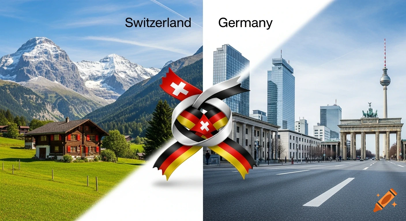 Split image showing Swiss Alps with a chalet on the left and Berlin cityscape with Brandenburg Gate on the right, intertwined flags.