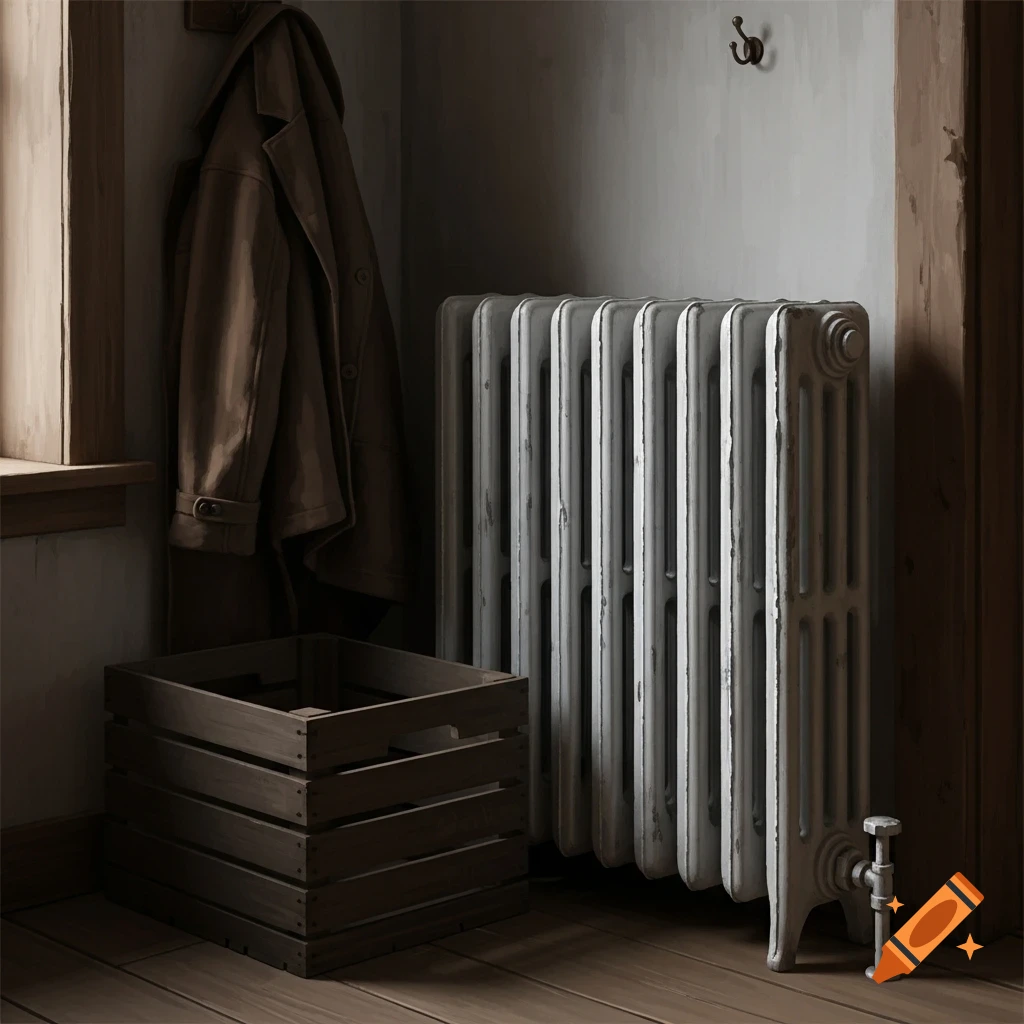 A rustic interior scene featuring a white metal radiator next to a wooden crate, with a brown coat hanging on a hook in dim light.