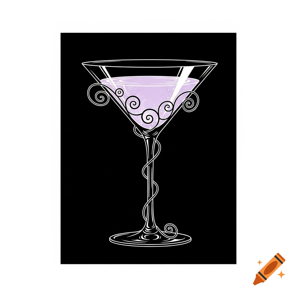 A stylized illustration of a martini glass with light purple liquid and ornate white swirls, on a black background.