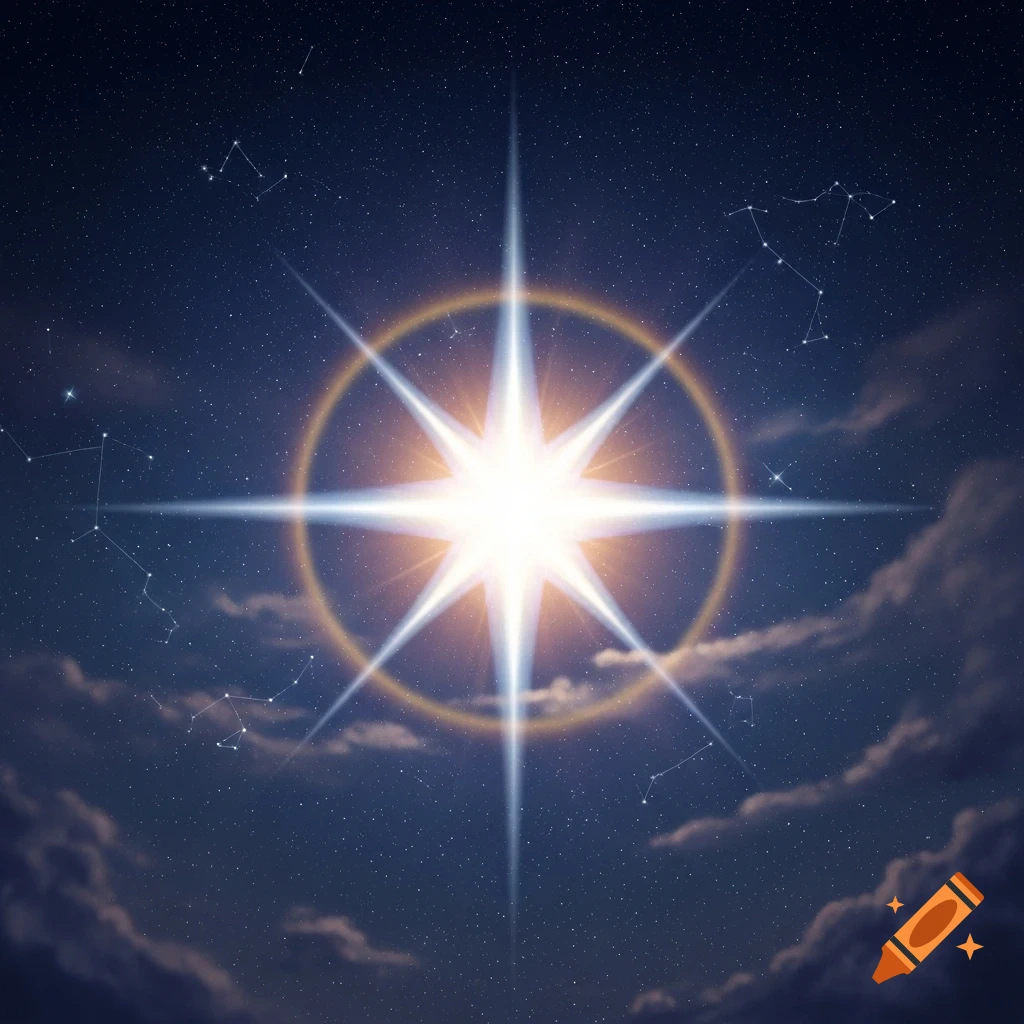 A brilliant, multi-pointed star with a golden halo shines in a dark blue night sky filled with stars and constellations.