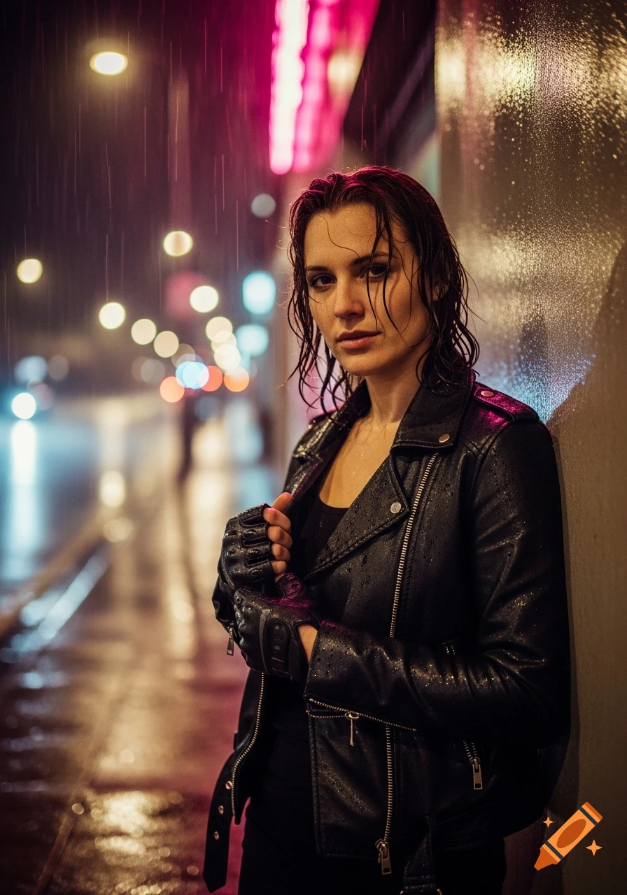 A photorealistic portrait of a woman with wet hair, wearing a black leather jacket and fingerless gloves, standing in the rain on a neon-lit city street at night, looking at the camera.