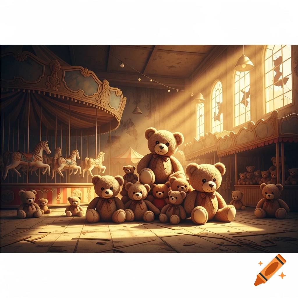 A gathering of teddy bears sitting in an abandoned fairground, illuminated by warm light through broken windows, with a carousel behind them.