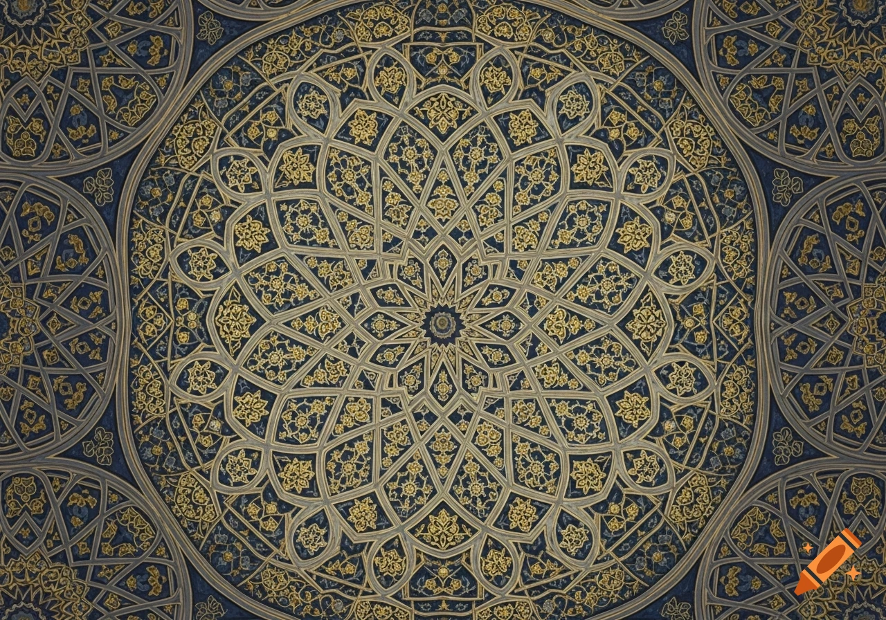 Detailed concentric circular Islamic pattern in gold and blue, featuring intricate floral and geometric motifs.