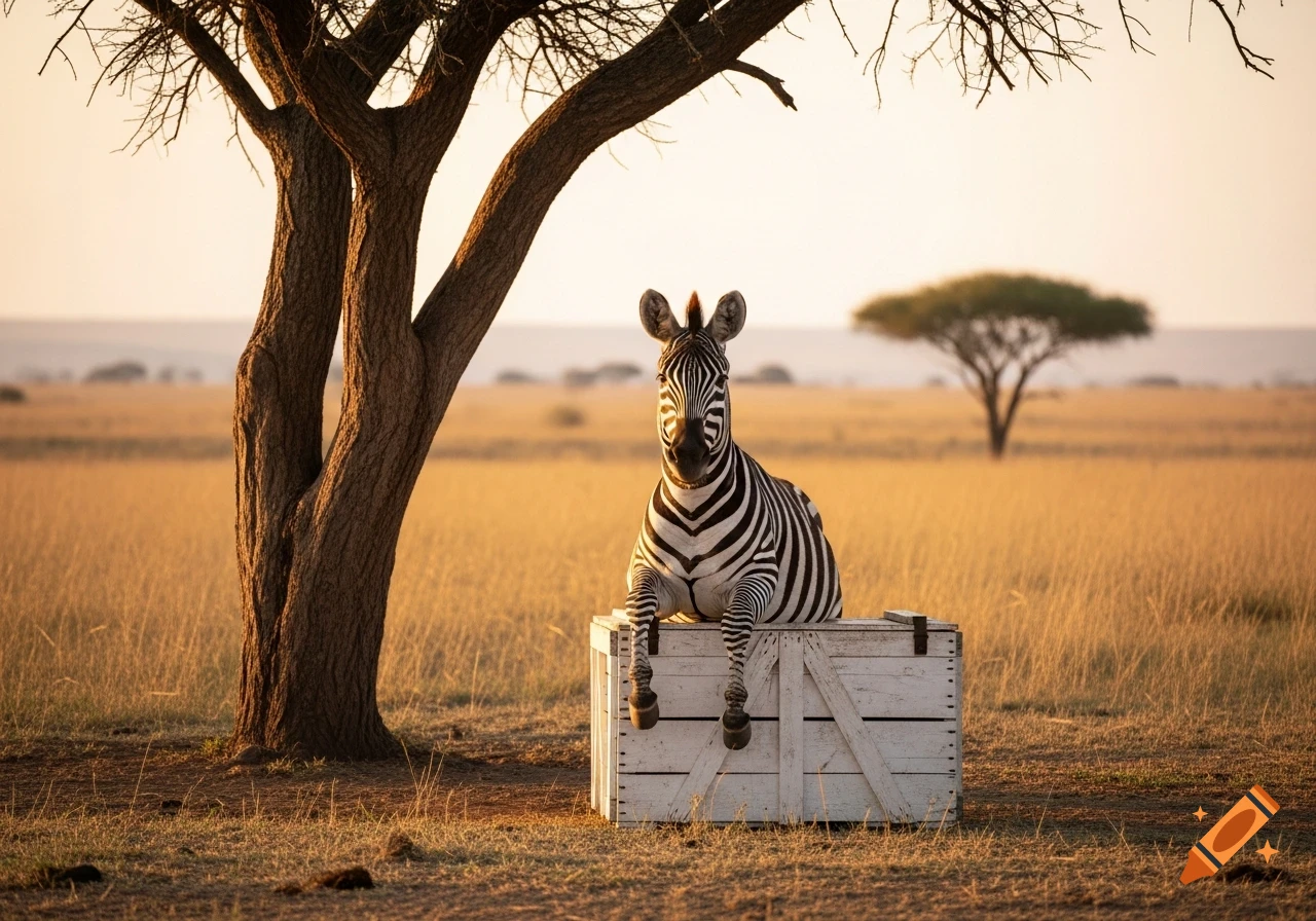 A photorealistic zebra sits in a white wooden crate in a sunlit savanna with dry grass and trees.