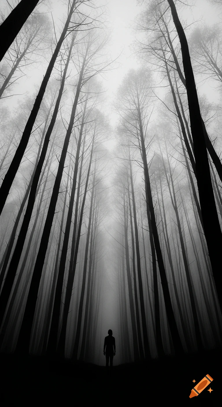 A dark human silhouette stands at the bottom of a towering black and white forest shrouded in mist, looking up at the sky.