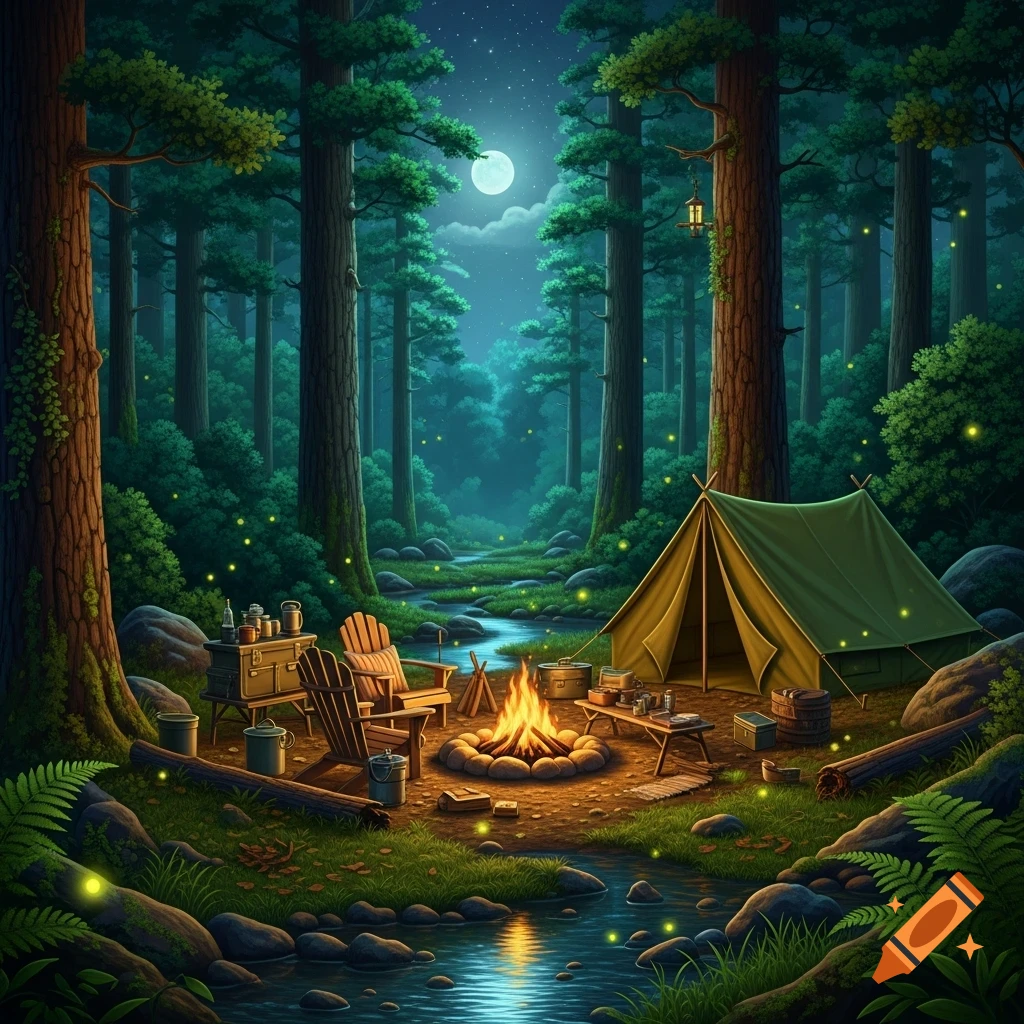 Vibrant illustration of a serene camping scene in a mystical forest at night with a glowing campfire, tent, and full moon.